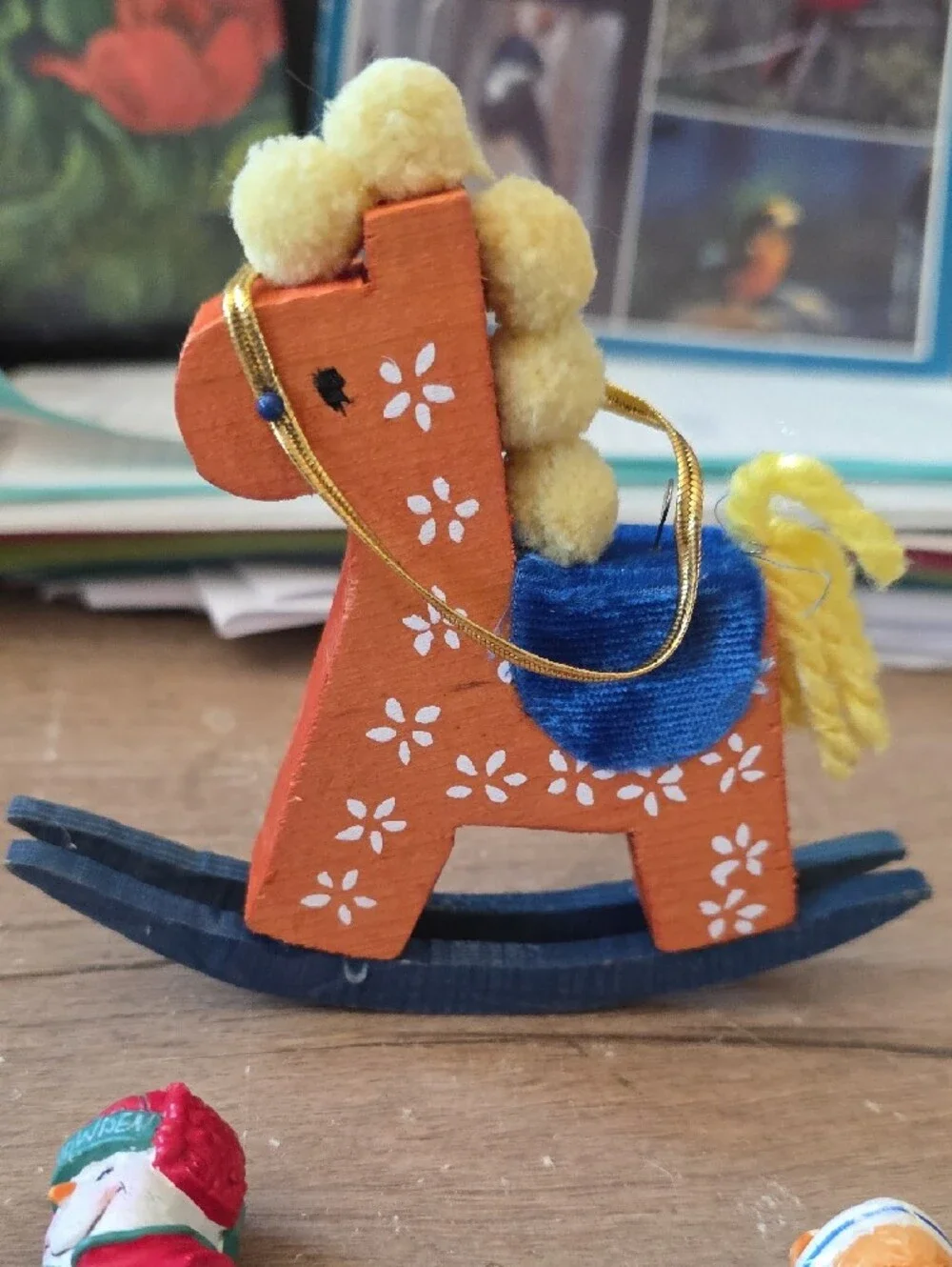 Wooden Orange & Blue Rocking Horse Toy with Yellow Mane